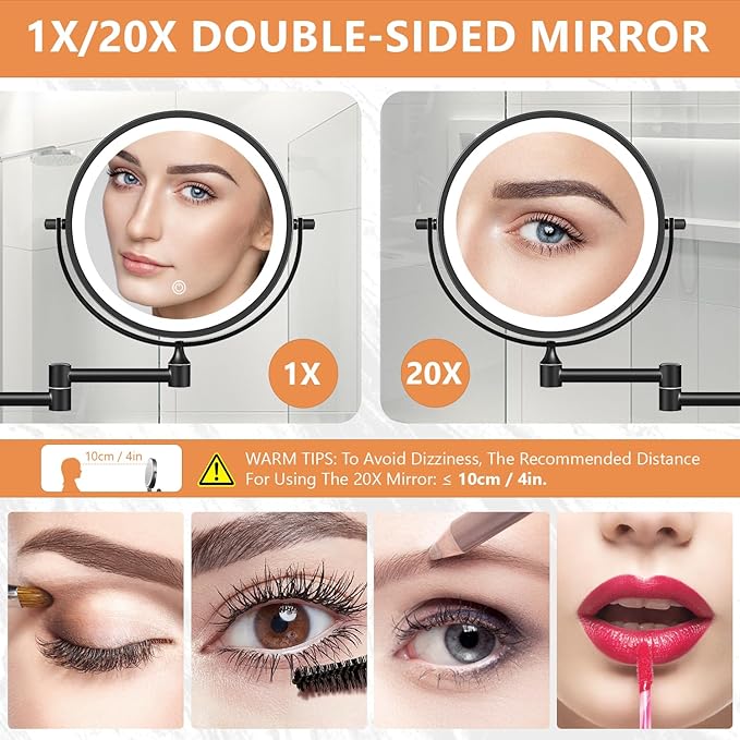 1X/20X Wall Mounted Makeup Mirror with Light, 8" Rechargeable Double-Sided Magnifying Mirror, Vanity Mirror Dimmable 3 Color Light, 360° Extension Rotation Foldable 14.5 Inch Arm for Bathroom