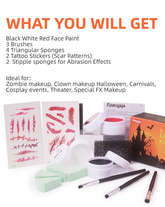 Halloween Zombie Makeup Kit, Fiestajaja Black White Red Face Paint Body Painting Kit with Brushes Sponges Tattoo Stikers for Halloween Zombie Makeup, Cosplay, SFX Effect, Theme Parties (13PCS)