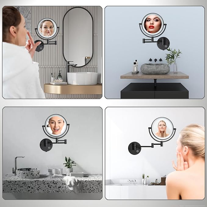 Rechargeable Bathroom Makeup Mirror with Light Wall Mounted, Brass 1/5X 2 Sided Magnifying Mirror with Extension Swing Arm, Touch Dimmable 360 Rotation Foldable Led Vanity Mirror, Matte Black