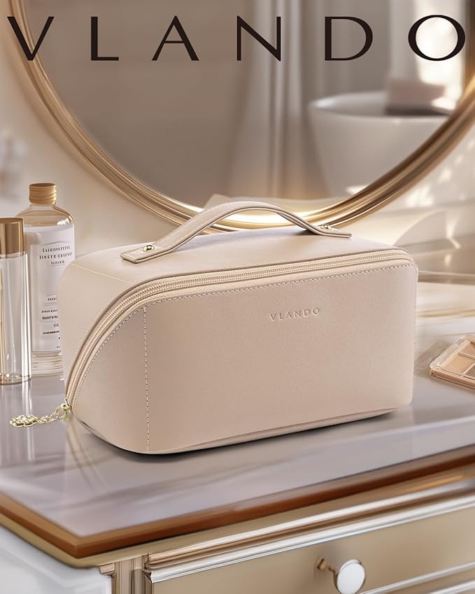 Vlando Makeup Bag,Gifts for Teachers,Large Capacity Toiletry Bag for Women Waterproof Portable Make up Pouch PU Leather Open Flat Cosmetic Bag(Toffee)