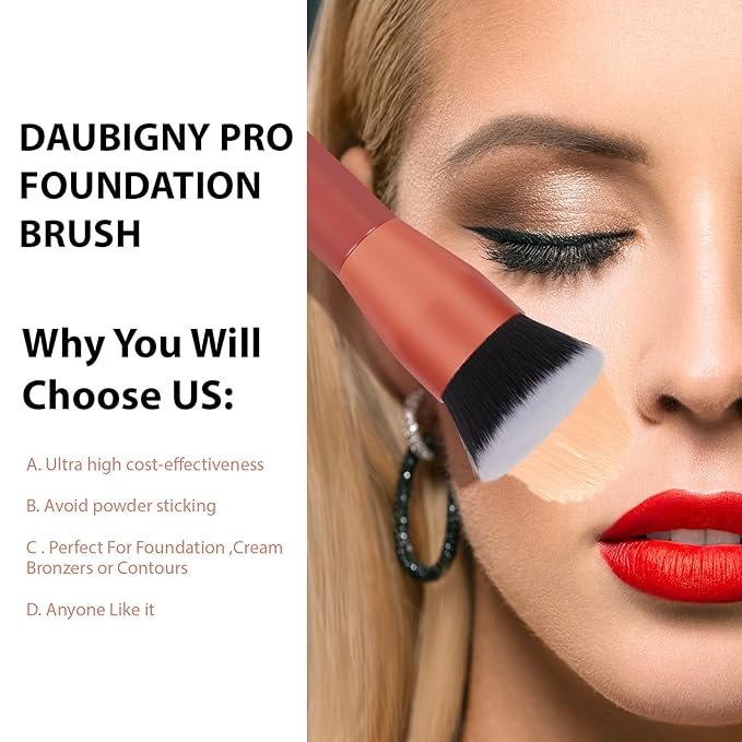 Daubigny 1.5" Top Diameter Foundation Brush - Premium Makeup Brush, Perfect For Foundation, Cream, Buffing, Blending (Red)