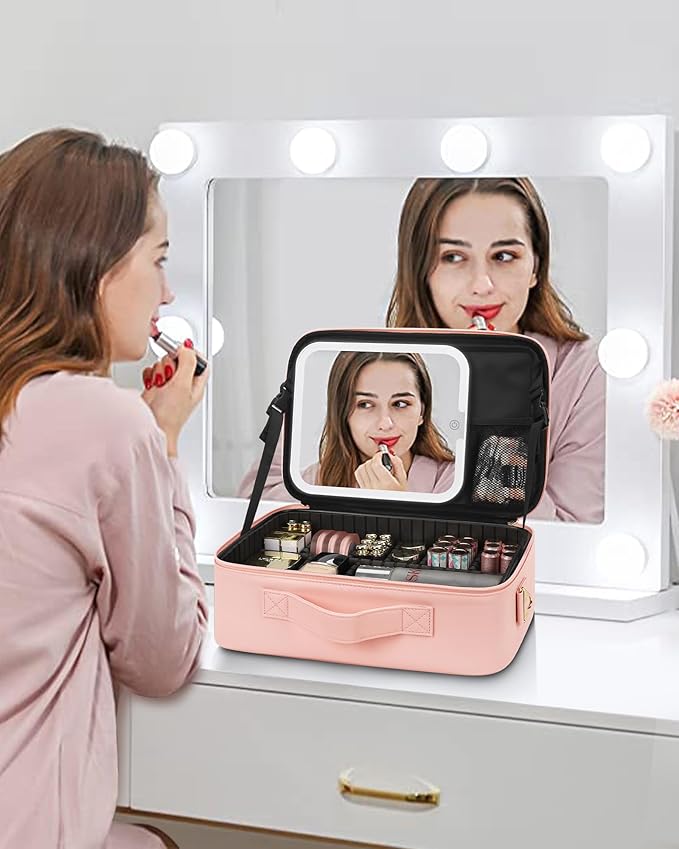 Relavel Makeup Train Case With LED Mirror, Professional Travel Cosmetic Bag with Removable Partitions,Compact Makeup Organizer, Waterproof Toiletry Case for Women, Pink