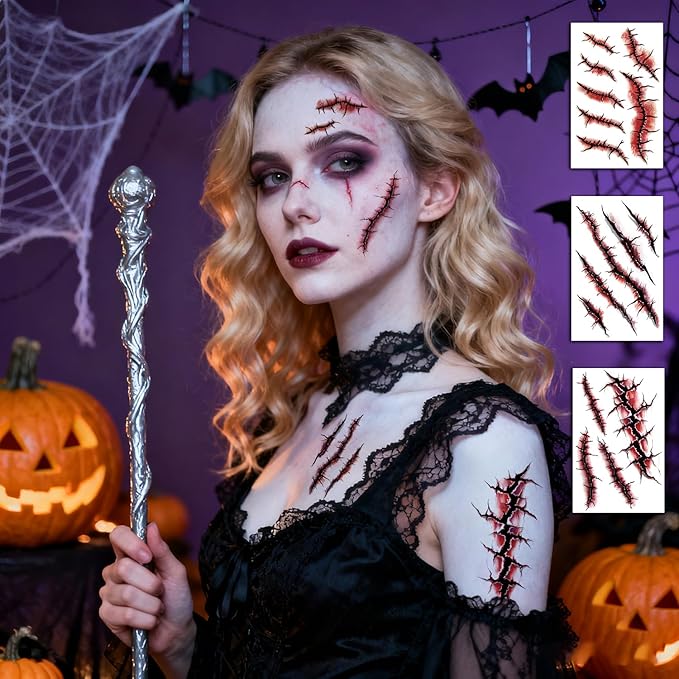 JCFIRE 12 Sheets Body Face Fake Scar Halloween Makeup Kit, Halloween Temporary Tattoos for Kids Adults, Zombie Costume Women Kids Stickers, Party Decorations Supplies Accessories