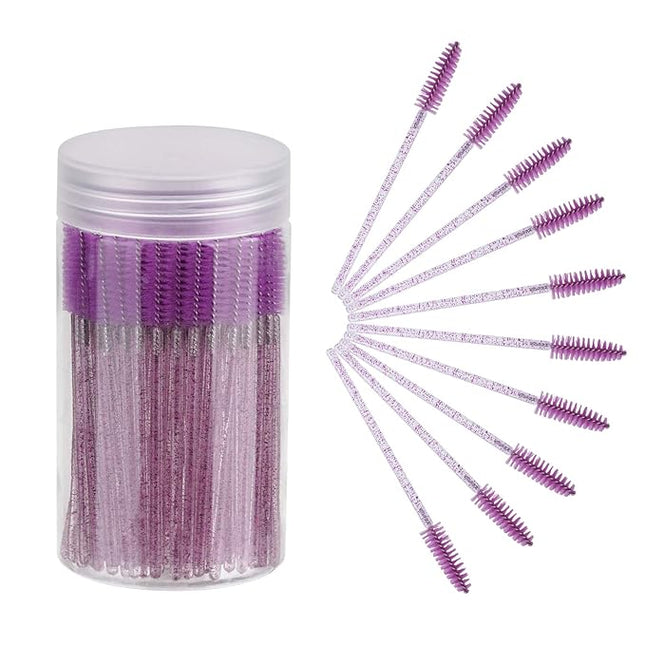 CHEFBEE 100PCS Disposable Eyelash Brush, Mascara Wands Makeup Brushes Applicators Kits for Eyelash Extensions and Eyebrow with Container (Purple)