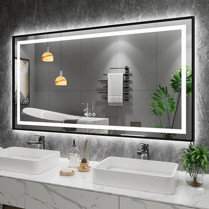 Amorho LED Bathroom Mirror, 55" X30" Front Light and Backlit with Black Frame, Stepless Dimmable, Anti-Fog, Shatter-Proof, Memory, 3 Colors, Double LED Vanity Mirror