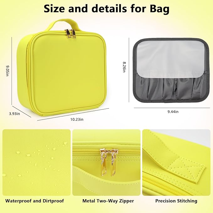 Travel Makeup Bag with LED Mirror Travel Makeup Organizer with 3 Lighted Settings, Adjustable Dividers and Makeup Brush Storage Bag Yellow