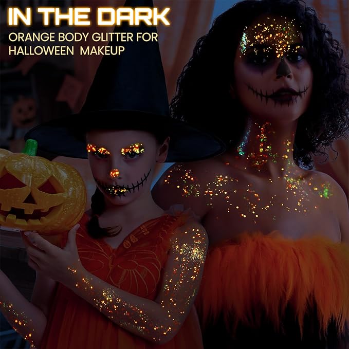 Teenitor Orange Glow in The Dark Glitter Gel, Orange Body Glitter Face Glitter for Halloween Makeup UV Black Light Festival Party Cheer Makeup