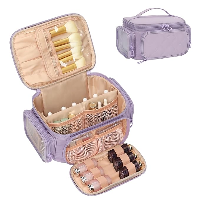 OCHEAL Makeup Bag,Travel Cosmetic Cases Makeup Organizer Bag for Women with Zipper Pouch and Side Pocket, Multifunctional Compartments and Dividers,Make up Toiletries, Brushes & Beauty Tools-Purple