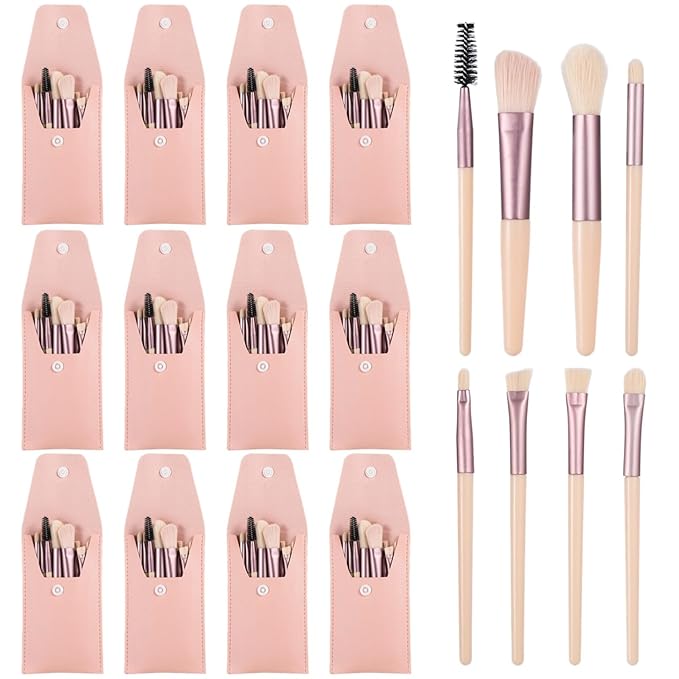 12 Pack Travel Brush Sets 8-Piece Mini Synthetic Fiber Cosmetic Brushes with Bag, Bridesmaid Present & Bachelorette Party Favor (Ivory Beige)
