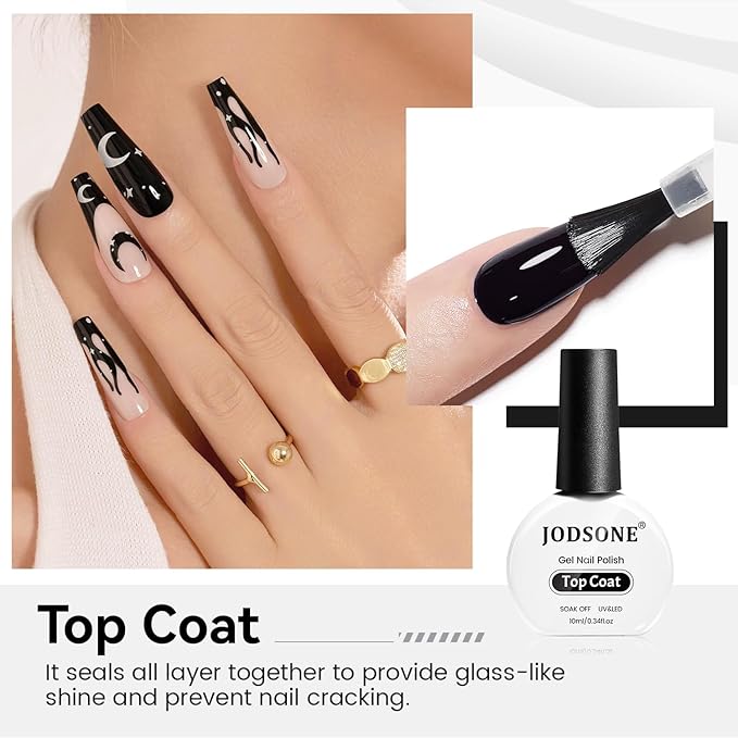 JODSONE 10ML Top Coat Gel Polish High Gloss Shine Finish Long Lasting Gel Nail Polish Professional Manicure Home DIY No Wipe Need U V Lamp Curing