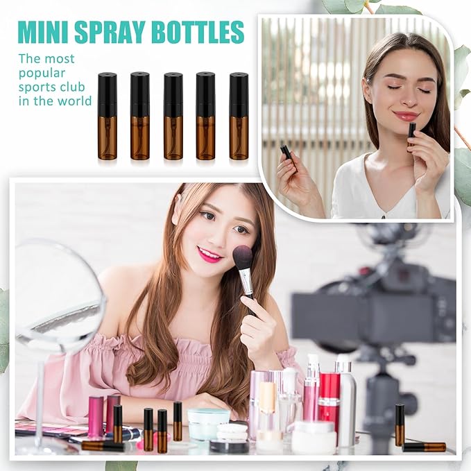 Zhehao 50 Pcs Mini Spray Bottles 3ml Clear Glass Perfume Bottles Refillable Fine Mist Perfume Atomizer Portable Empty Sample Containers for Cleaning, Essential Oils, Travel (Amber)
