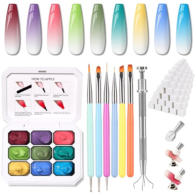 Sponge Pat Paint Nail Gel & Tools Kit, 9 Colors Ombre Nails Gradient Gel Nail Blush Blooming Aura Nails Drawing Stripper Floral Painting Nail Art, No Wipe, UV/LED Curing (9 Colors Set i)