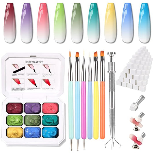 Sponge Pat Paint Nail Gel & Tools Kit, 9 Colors Ombre Nails Gradient Gel Nail Blush Blooming Aura Nails Drawing Stripper Floral Painting Nail Art, No Wipe, UV/LED Curing (9 Colors Set i)