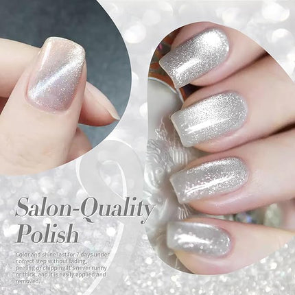 Born Pretty Cat Magnetic Eye Nail Polish, Silver Platinum Moonlight Quick Dry Sparkle Shimmer Glitter Nail Polish with Magnet 10ML