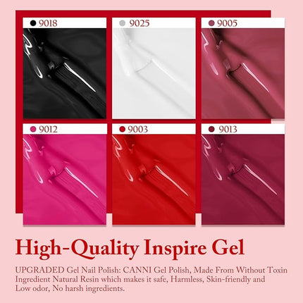 CANNI Gel Nail Polish Set – 6 Classic Colors (Black, White, Red, Pink, Mauve, Berry), 9ML Soak Off UV LED HEMA-Free Gel for Long-Lasting DIY or Salon Nail Art