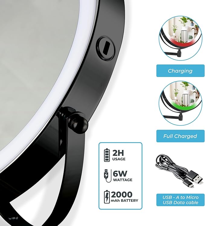 Fab Glass and Mirror Rechargeable Lighted Makeup Mirror 8 Inch, 1x/10x Magnification 3 Color Lights Touch Screen Dimmable 360° Rotation, Wall Mounted Magnifying Mirror Wall Mounted Mirrors (Black)