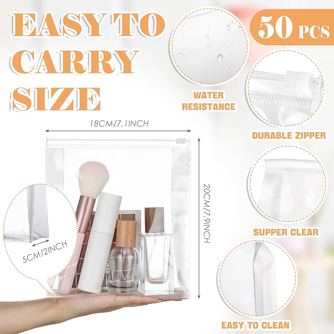 Xuniea 50 Pcs Mini Clear Makeup Bag Small Clear Zipper Pouch Travel Plastic Cosmetic Organizer Waterproof for Toiletries Swimsuit Bikini Bathing Suit(7.1'',Transparent)