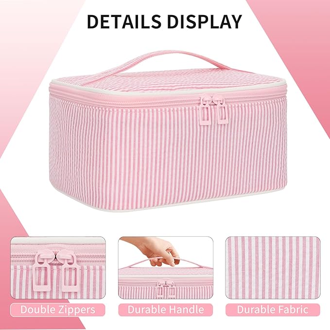 OCHEAL Makeup Bag for Women - Travel Cosmetic Organizer with Brush Slot & Divider, Large Capacity Toiletry Bag for Girls, Travel Makeup Case for everyday Make up Accessories -Pink stripes
