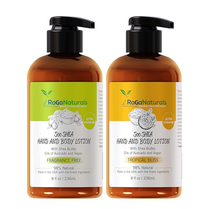 RaGaNaturals Fragrance Free and Tropical Bliss Body Lotion, Body Lotion for Women, Men, Babies and Kids - 8fl oz