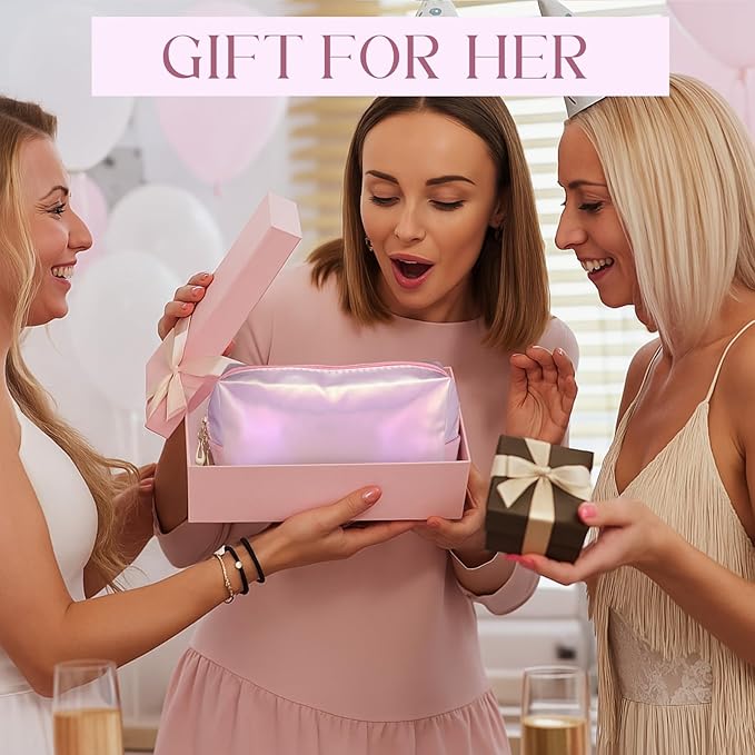 Sanwuta 9 Pcs Makeup Bags Bulk PU Double Zippers Cosmetic Bag Makeup Toiletry Pouch Portable Travel Organizers Case for Women Bachelorette Party End of The Year Bridesmaid Gift(Laser Pink)