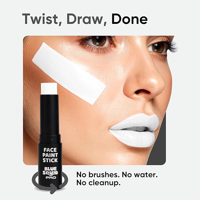 Blue Squid PRO White Face Paint Stick - Waterproof Body Paint for Adults & Kids Eye Black Baseball, Softball - Vegan Hypoallergenic Twist-Up Non-Toxic Makeup Stick for Cosplay, Sports & SFX