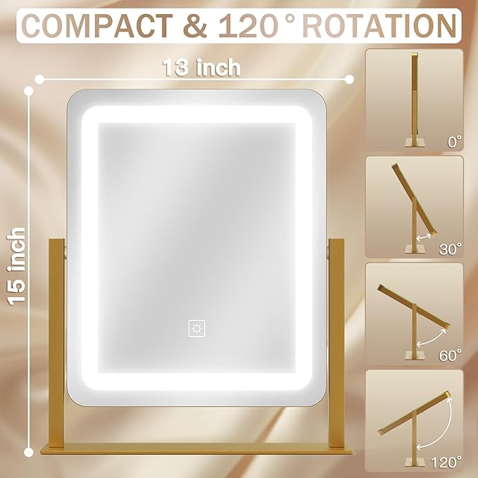 Gold Vanity Mirror with Lights, 15"x13" Lighted Makeup Mirror with Smart Touch, 3-Color Dimmable Lighting, 360° Rotation, Tabletop Mirror for Desk or Bedroom