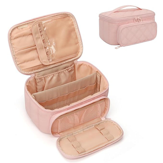 OCHEAL Makeup Bag, Multifunctional Make Up Bags Large Compact Makeup Organizer Bag Cosmetics Toiletry Brushes Storage Case for Women Girls Makeup Case with Handle Divider-Pink