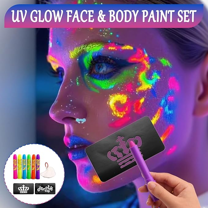 Glow Face Body Paint Pen＆Stencils Kit, Party Decorations with 6 Glow‑in‑the‑Dark Face & Body Paint Pens＆25 Reusable Diverse Art Templates for Halloween Party Kids and Adults