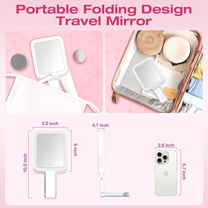 Portable Travel Makeup Mirror with Lights, Double Sided 1X/10X Magnifying Mirror, 3 Color Adjustable Lighting Touch Screen, Rechargeable Lighted Beauty Mirror, Tabletop Handhold Hanging (White)