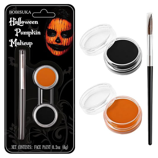 Black Orange Face Paint Pumpkin Halloween Makeup Kit Character Set for Kids Adults, Safe Non-Toxic Cream Face Painting Kit for Costume Party, Dress Up Cosplay, Special Effects Make Up & Stage