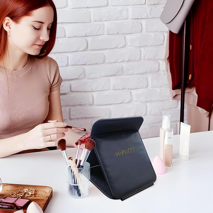 Foldable Travel Makeup Mirror, Adjustable Angle Portable Standing Vanity Mirror, Compact PU Leather Design for Home/Camping/Desktop Use,Classic Black (8.4"x6")