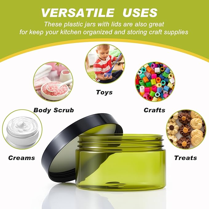 Dandat 24 Pcs 8 oz Plastic Jar Container with Lid and Label Refillable Empty Round Green PET Cosmetic Sample Containers for Lotion, Cream, Ointments, Body Butter, Makeup, Travel Storage