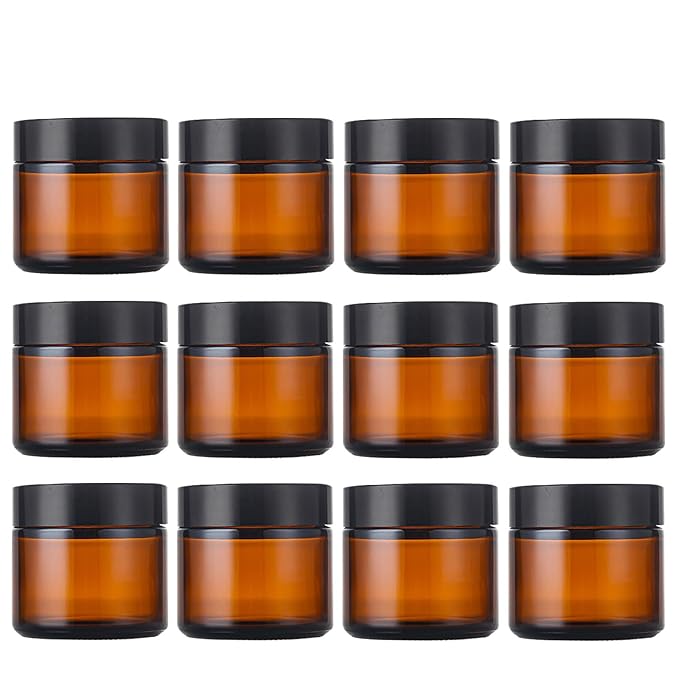 2 Oz Amber Round Glass Jars with Inner Liners and Black Lids(12PCS) Empty Cream Containers Refillable Cosmetic Vials for Cosmetics, Lotions, Ointment, Body Scrubs & Balms
