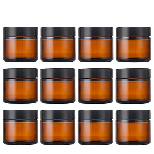 2 Oz Amber Round Glass Jars with Inner Liners and Black Lids(12PCS) Empty Cream Containers Refillable Cosmetic Vials for Cosmetics, Lotions, Ointment, Body Scrubs & Balms