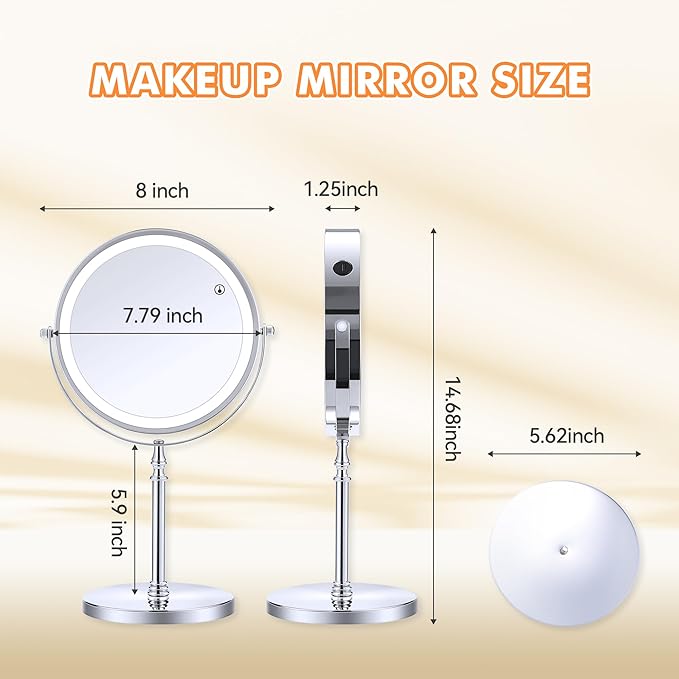 MIYADIVA Lighted Makeup Mirror, 20X Magnifying Mirror with Light, Double Sided Makeup Mirror with 20X/1X Magnification, 360°Rotation, 3 Colors Brightness Adjustable Vanity Mirror with 42 LEDs, 2000mAh