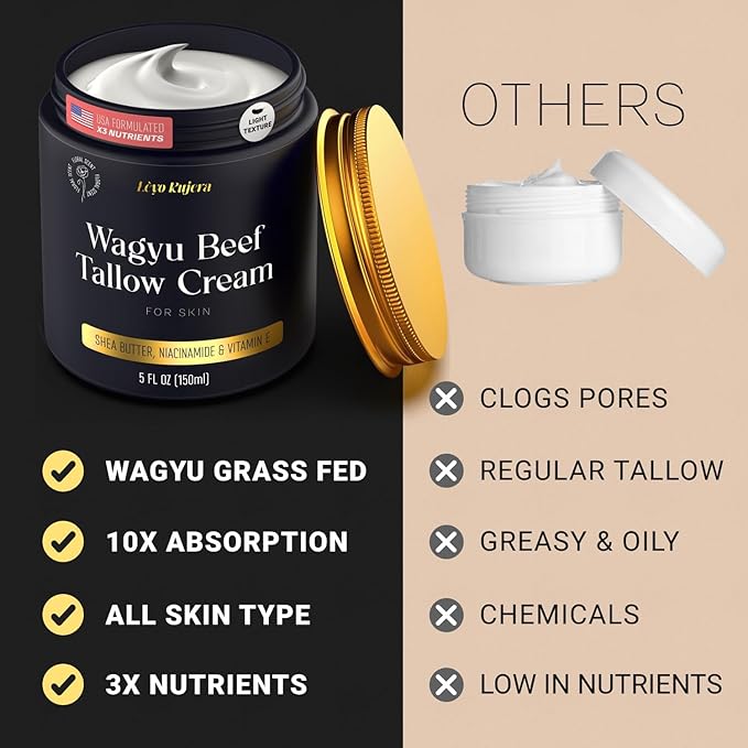 Non-Greasy Beef Tallow for Face Moisturizer Cream 5OZ Shea Butter, Vitamin E, Whipped Grass Fed Beef Tallow for Skin, Body, Hair, Lotion for Women & Men, Anti-Aging Face Moisturizer