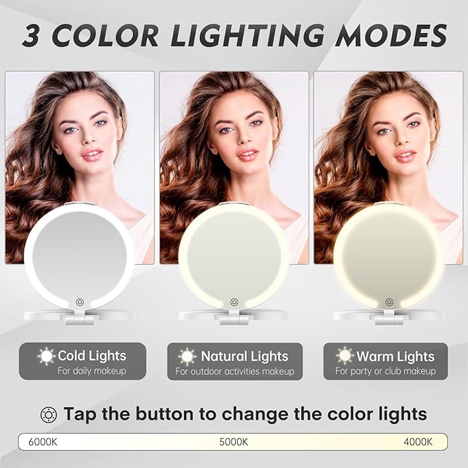 FUNTOUC Travel Mirror with Light, 1X/10X Double Sided Magnification Makeup Vanity Mirror with 3 Color Setting, Chargeable Foldable Portable Travel Essential Vanity Mirror with Bag