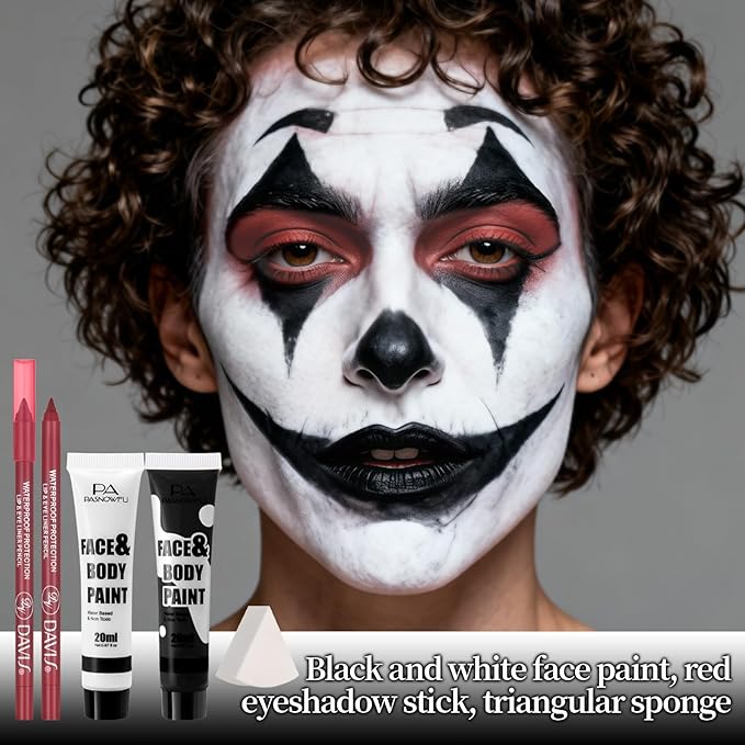 Halloween Makeup Kit for Clown, Black White Face Paint Set for Classic joker Skeleton Looks with Red Eyeshadow Stick, Water-Based Body Paint Set for Cosplay SFX Makeup, Stage shows, Parties