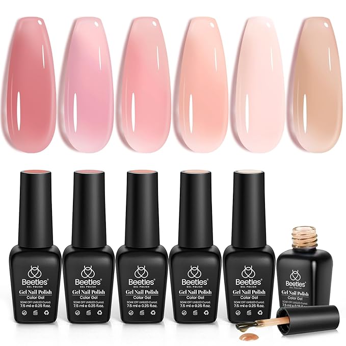 Beetles Jelly Gel Nail Polish Set, 6 Colors Jelly Gel Polish Kit Nude Pink Neutral Nail Art Design Sheer Translucent Gel Nail Kits Soak Off Uv Nail Lamp Cured Nail Manicure Gift for Women