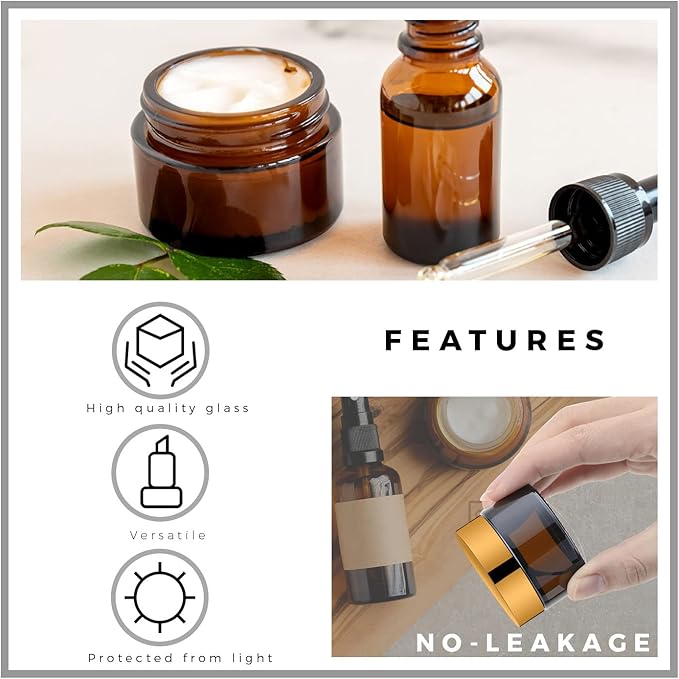 1 Oz Amber Round Glass Jars with Gold Lid, Empty Glass Containers with Inner Liners, Refillable Cosmetic Vials for Cream, Lotion, Ointment (12 PCS)