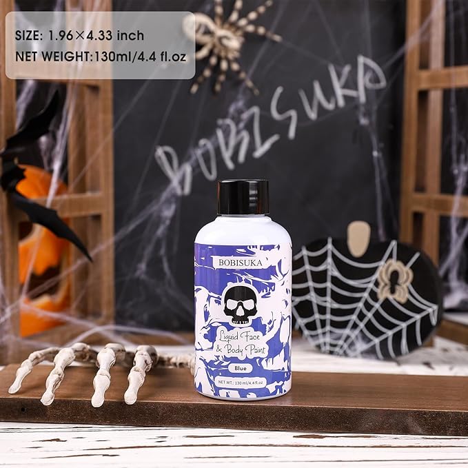 BOBISUKA Blue Face Body Paint Liquid Texture Washable Non Toxic Facepaint Fast Drying Foundation Makeup for Halloween Avatar Corpse Bride Smurf Cosplay SFX Costume Party Large Capacity(130ml)