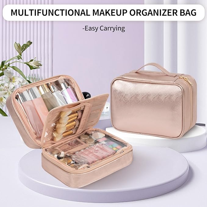 OCHEAL Makeup Bag, Makeup Travel Bag Large Capacity Waterproof Cosmetic Organizer with Makeup Brush Compartment & Handle for Women Girls Travel Toiletry Accessories-Rose Gold
