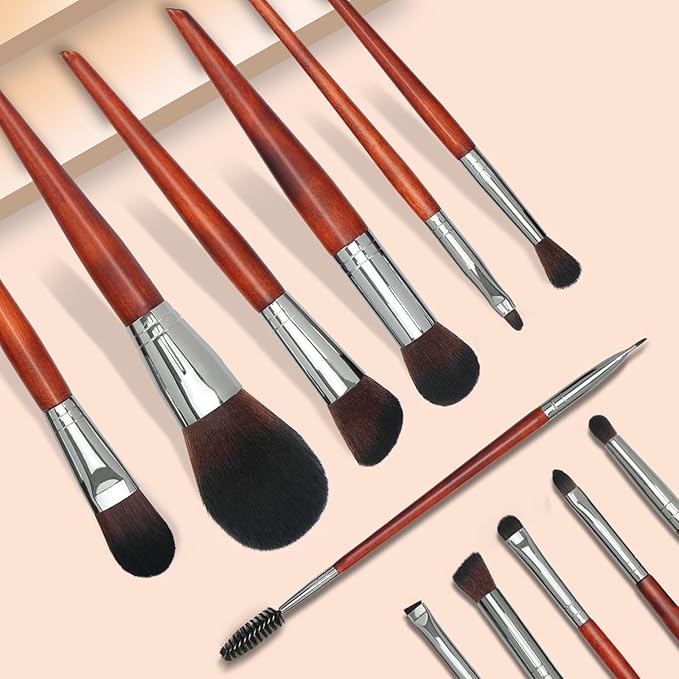 Makeup Brush Set 12pcs，Professional Premium Synthetic Powder Foundation Contour Blush Concealer Eyeshadow Blending Liner Make Up Brushes Kit（Redwood color B300）