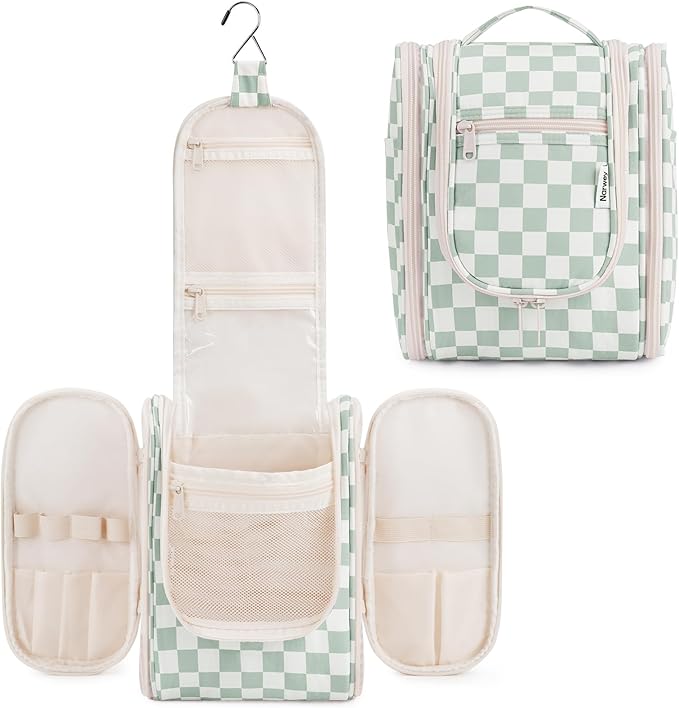 Narwey Small Checkered Hanging Travel Toiletry Bag for Women, Travel Bag for Toiletries, Makeup Bag Organizer Cosmetic Bags Make Up Bags for Women (Mint Green Checkerboard)