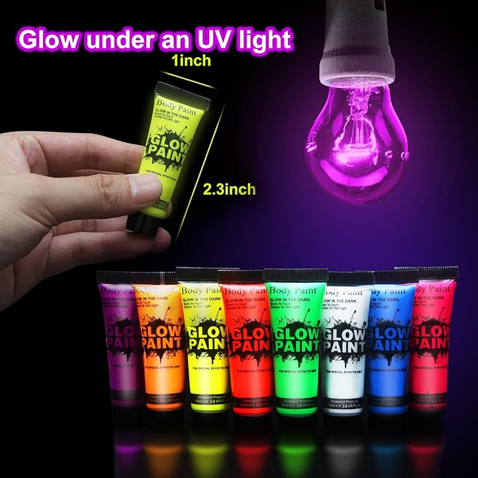 Glow in Dark Face Body Paint UV Blacklight Neon Fluorescent, Halloween Washable Body Paint