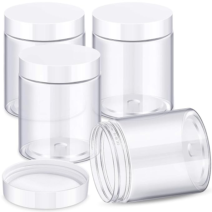 Patelai 4 Pieces Round Wide-mouth Leak Proof Plastic Container Jars with Lids for Travel Storage Makeup Beauty Products Face Creams Oils Salves Ointments DIY Making(10 Ounce,White)