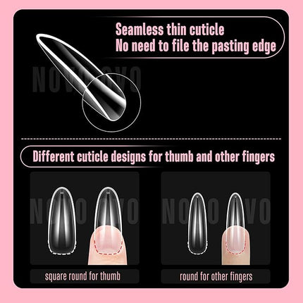 NOVO OVO Long Oval Nail Tips NATURAL (Not SCULPTED) for Flat Nail Beds, Extra Thick L Length False Nails Press on, Full Cover Soft Gel Fake Nail Extension, Salon DIY x 15 Sizes 450 pcs