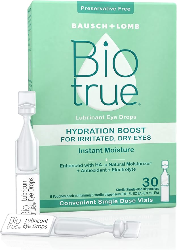 Biotrue Hydration Boost Eye Drops for Irritated, Dry Eyes in Single Dose Vials from Bausch + Lomb, Instant Moisture, Preservative Free, pH Balanced, Naturally Inspired, Pack of 30