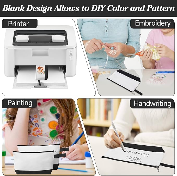 10 Pieces Cotton Canvas Makeup Bag with Bottom and Strap, Multi-Purpose Cosmetic Bag with Zipper Travel Toiletry Pouch, Blank DIY Craft Bag (White&Black, M)