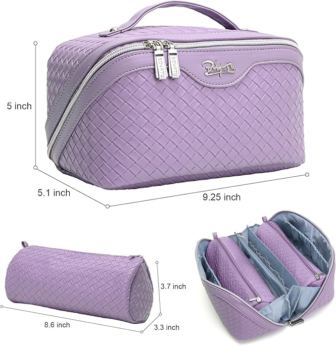BOYATU Travel Makeup Bags for Women: Vegan Leather Cosmetic Bag Set of 3 - Large Capacity Make up Bag with Divider - Wide Open Waterproof Toiletry Organizer Bag with Handle (L13-Purple)